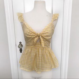 Gingham Sleeveless Smocked Key Hole Cut Out Ruffle Top Yellow Love + Piece Small